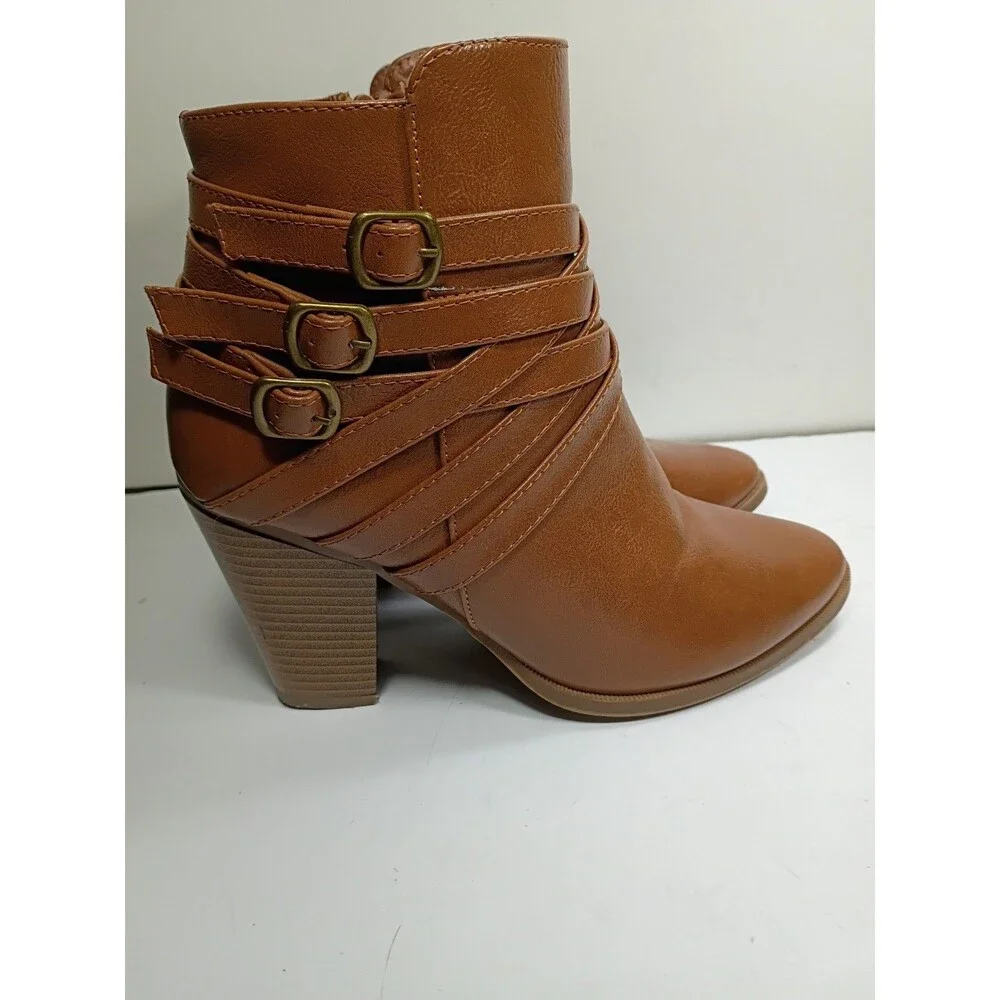 Forever women's three buckle cognac  boots mid heel size 9